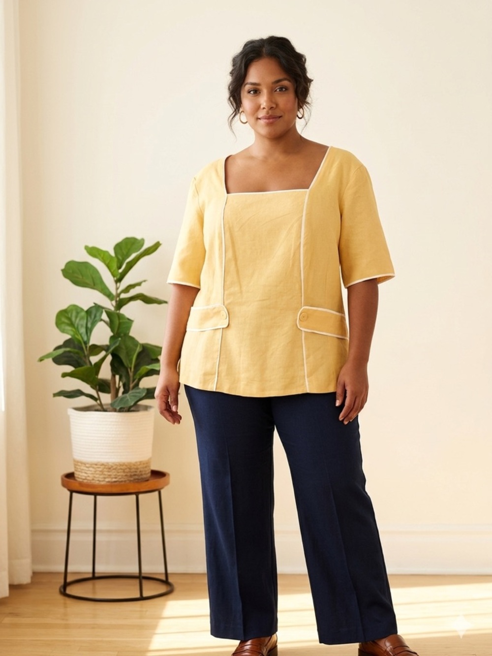 Jessica London Pale Mustard Linen Blend Top with Contrast Trim